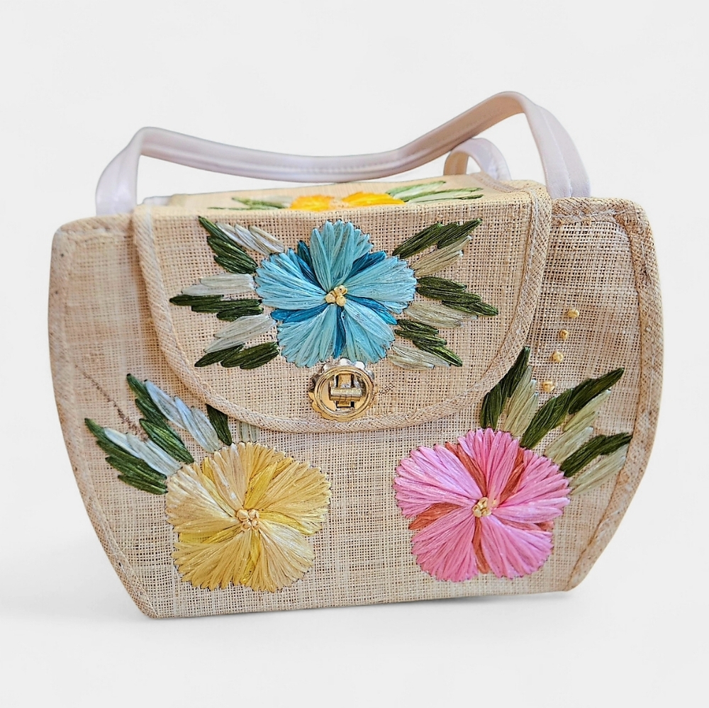 Vintage Floral Embroidered Straw Shoulder Bag